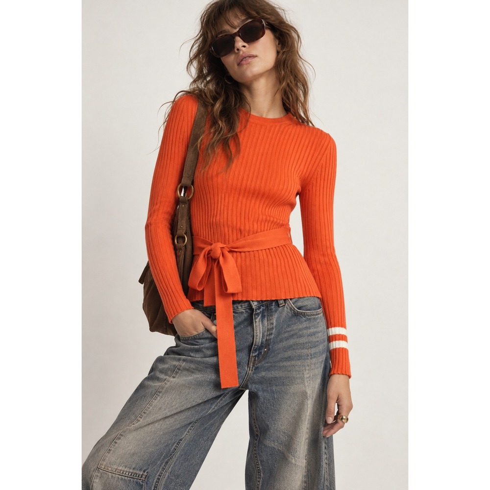 Maggie Marilyn Ribbed Knit Sweater Womens L Orange Tie Waist Merino Wool Stripe